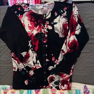 Floral Button-Up Cardigan - Black and Red